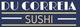Logo do restaurante "Du Correia Sushi" em fundo azul com texto branco e dourado.