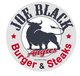 Logo mit Stier-Silhouette, Text: Joe Black Angus Burger & Steaks. Roter und schwarzer Schriftzug.