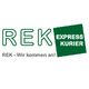 Logo: REK Express Kurier, mit Slogan "REK - Wir kommen an!" in grünem und schwarzem Text.