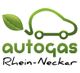 Logo von Autogas Rhein-Neckar mit Blatt und gezeichnetem Auto in Grün.
