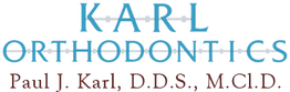 Logo with the text "Karl Orthodontics" set over a light blue braces motif.
