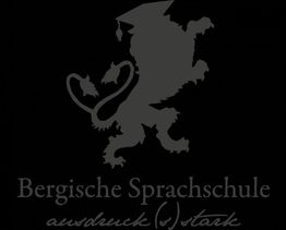 Logo mit Löwe und Doktorhut, Text: "Bergische Sprachschule ausdruck(s)stark".