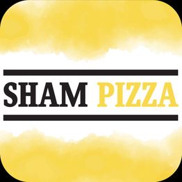 Logo med teksten "SHAM PIZZA" på hvid baggrund med gul kant.