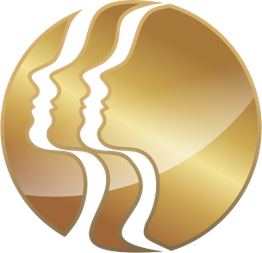 Logotipo dourado com três perfis de rostos em um círculo estilizado.