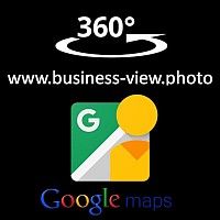 360 Grad-Drehung, Google Maps-Logo, Webseite: www.business-view.photo auf schwarzem Hintergrund.
