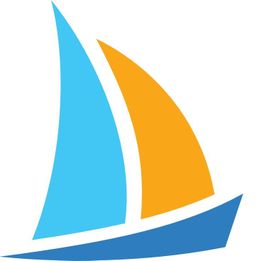 Abstraktes Segelboot-Logo mit einem blauen und einem orangefarbenen Segel auf weißem Hintergrund.