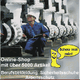 Arbeiter in blauem Overall vor Maschinen, mit Text: "Online-Shop für Arbeitskleidung."