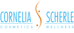 Logo mit Text: "Cornelia Scherle Cosmetics Wellness", blau, mit orangenem S-förmigem Symbol.