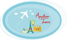 Logo de Amikoo Tours con avión, Torre Eiffel y globo aerostático.