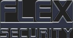 Logo mit dem Text „Flex Security“ in dunklen Buchstaben auf schwarzem Hintergrund.