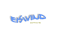 3D-Text "EISWIND" in Blau mit kleinem "SOFTWARE" in Gelb darunter. Weißer Hintergrund.