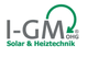 Logo mit Text "I-GM OHG" und "Solar & Heiztechnik" in Grau und Grün, grüner Pfeil um M.