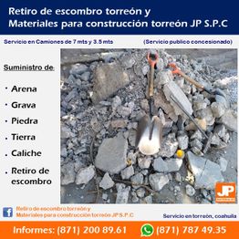 Montón de escombros con palas y pico, texto sobre servicios de retiro y materiales de construcción.
