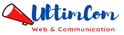 Logo "UltimCom" avec un porte-voix rouge. Texte: "Web & Communication".