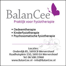BalanCee: Praktijk voor fysiotherapie met specialisaties en contactinformatie. Paarse vlinderlogo.