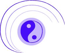 Lilafarbenes Yin-Yang-Symbol mit geschwungenen Linien umgeben, auf weißem Hintergrund.