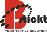 Logo mit rotem "B", schwarzem "stickt" und Slogan "Your Textile Solution".
