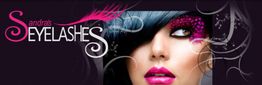 Frau mit buntem Make-up und langen Wimpern, Schriftzug "Sandra’s Eyelashes".