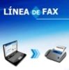 Laptop y fax conectados con flecha, texto: "Línea de Fax". Fondo azul degradado.