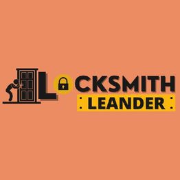 Locksmith Leander logo with orange background and black text, door, and padlock graphic.