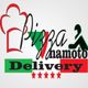 Logo de pizzaria com texto "Pizza Hanamoto Delivery" e ícones de chapéu de chef e pizzaiolo.