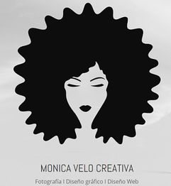 Ilustración de una silueta femenina con cabello afro, en blanco y negro, texto: "Mónica Velo Creativa".