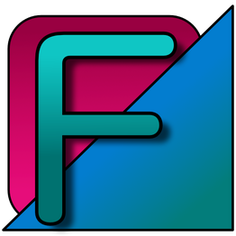 Buchstabe "F" in Türkis auf pink-blauem Hintergrund in diagonal geteiltem Quadrat.