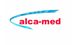 Logo mit blauem Band und rotem Text "alca-med" auf weißem Hintergrund.