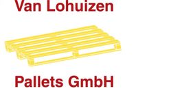 Gelbes Paletten-Icon mit rotem Text: "Van Lohuizen Pallets GmbH" auf weißem Hintergrund.