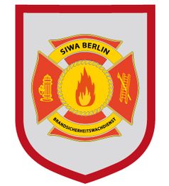 Wappen mit Feuer-Symbol, Feuerwehrmotiv, Schriftzug „SIWA Berlin Brandsicherheitswachdienst“.