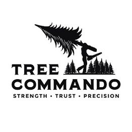 Silhouette of lumberjack carrying a tree, labeled "Tree Commando: Strength, Trust, Precision."