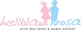 Logo mit Schriftzug "hellblaurosa", Silhouette von zwei Kindern und Text "Alles was Minis & Mamis anzieht".