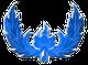 Blaues Flügel-Symbol auf grauem Hintergrund, mit stilisierten Federn und dekorativem Muster.