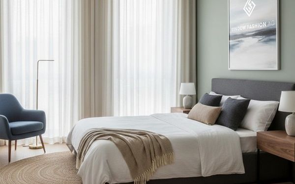 Ein helles modernes Schlafzimmer mit lichtdurchlässigen beigen Vorhängen vor den bodentiefen Fenstern.