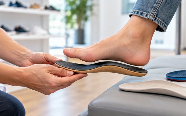 Orthopädieschuhmacher passt eine orthopädische Einlegesohle an den Fuß eines Patienten an, um das Fußgewölbe gezielt zu stützen.