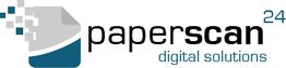 Logo von "paperscan 24" mit digitalem Papierblatt, Text "digital solutions".