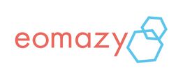 Text "eomazy" in Rot mit zwei blauen Sechsecken rechts.