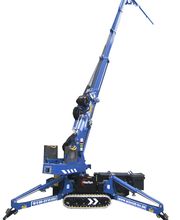 Ein blauer mobiler Kran mit ausfahrbarem Ausleger und Kettenfahrwerk auf weißem Hintergrund.