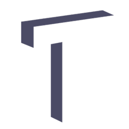 Ein stilisiertes, dunkles 3D-Buchstaben-T auf weißem Hintergrund.