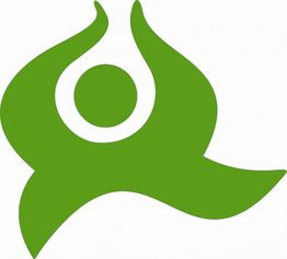 Grünes, abstraktes Symbol mit geschwungenen Formen und einer Kreisfigur in der Mitte.