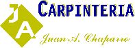 Logotipo de Carpintería Juan A. Chaparro con letras azules y fondo blanco.