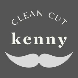 "Logo with text 'Clean Cut Kenny' and a stylized mustache on a gray background."