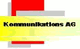 Logo mit gelbem Balken und schwarzem Text "Kommunikations AG" vor roten und grauen Formen.