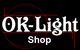 "Logo mit 'OK-Light Shop' in weiß auf schwarzem Hintergrund mit roten Kreisen."