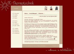 Website-Screenshot von TK-Thermotechnik mit Menü und Willkommenstext auf rotem Hintergrund.