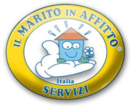 Logo "Il Marito in Affitto": casa sorridente su mano, cerchio giallo con scritte blu e bianche.