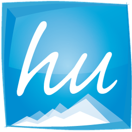 Blaues Logo mit weißem „hu“-Schriftzug und stilisierten Bergen unten.