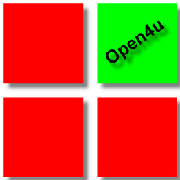 Vier Quadrate: Drei rot, eins grün mit "Open4u" im grünen Quadrat.