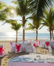 Mesas elegantes en la playa bajo palmeras, decoradas con lazos rosas, al atardecer.