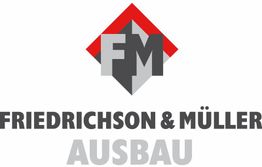 Logo mit grauen Buchstaben "FM" und rotem Quadrat. Text: "Friedrichson & Müller Ausbau".